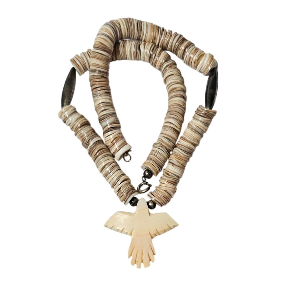 Vintage Southwestern Shell Heishi Necklace Carved Thunderbird Pendant
